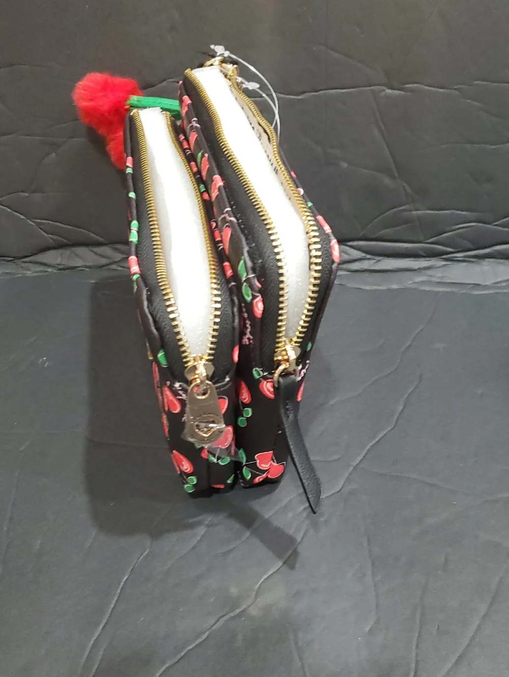 Juicy  Couture cherry girl black and red cherry print double zip wallet clutch